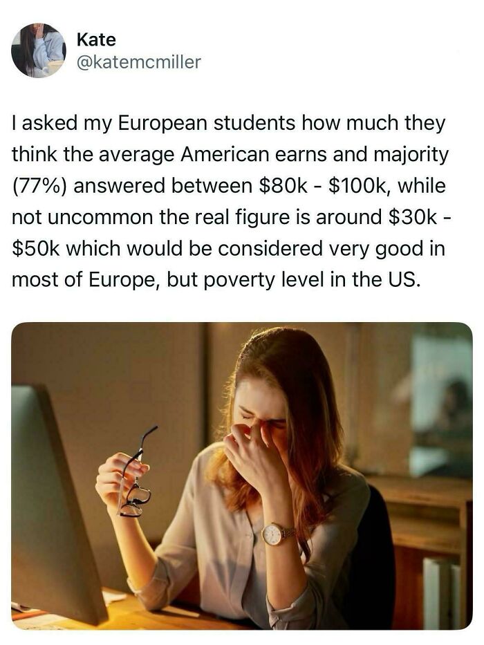 A tweet about baffling work salary expectations from European students versus the reality in the US, with a woman looking stressed.