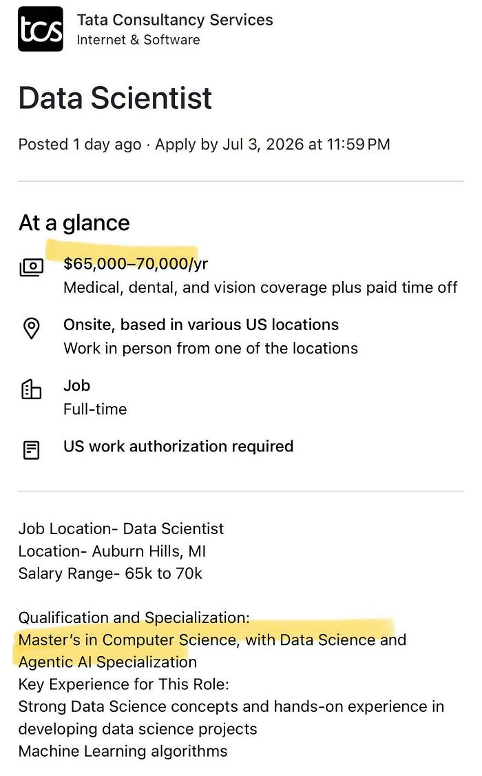 A job posting for a Data Scientist at Tata Consultancy Services with a salary range of $65,000-70,000/yr and a Master's degree requirement, part of baffling posts about work.