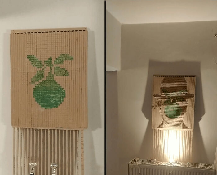 Unique handmade projects displaying a green plant design from different angles, demonstrating creativity and talent.