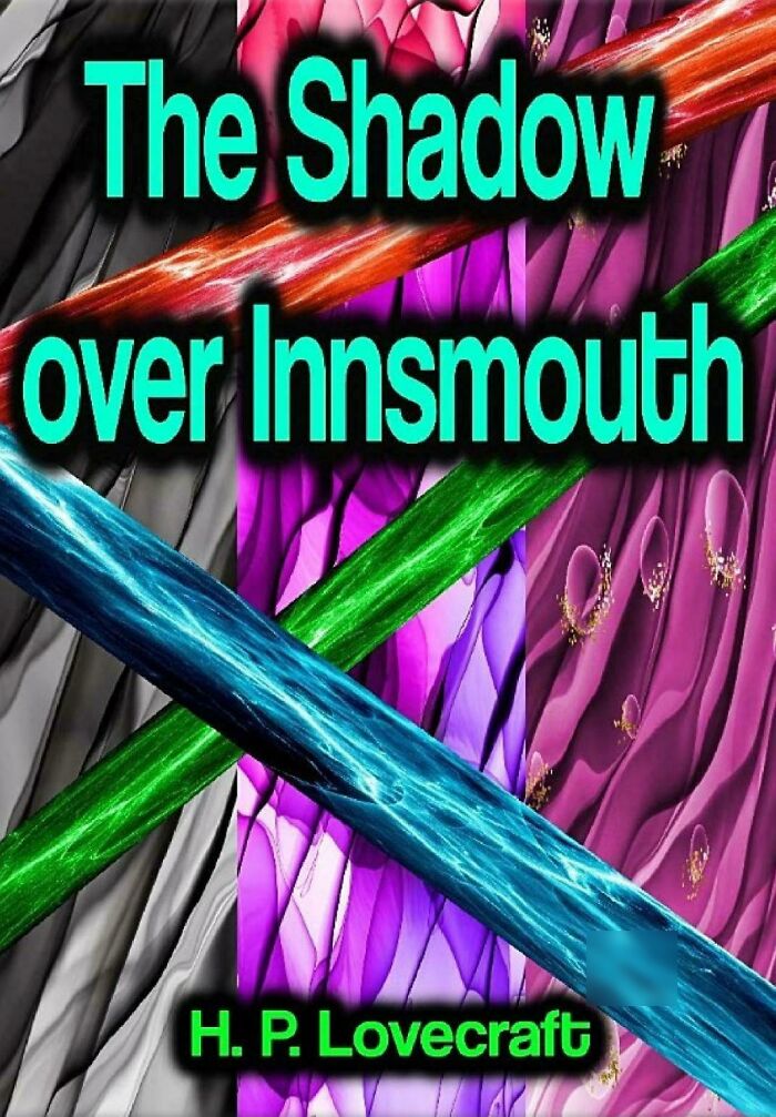 Unhinged book cover design for H.P. Lovecraft with cheap neon-colored abstract graphics