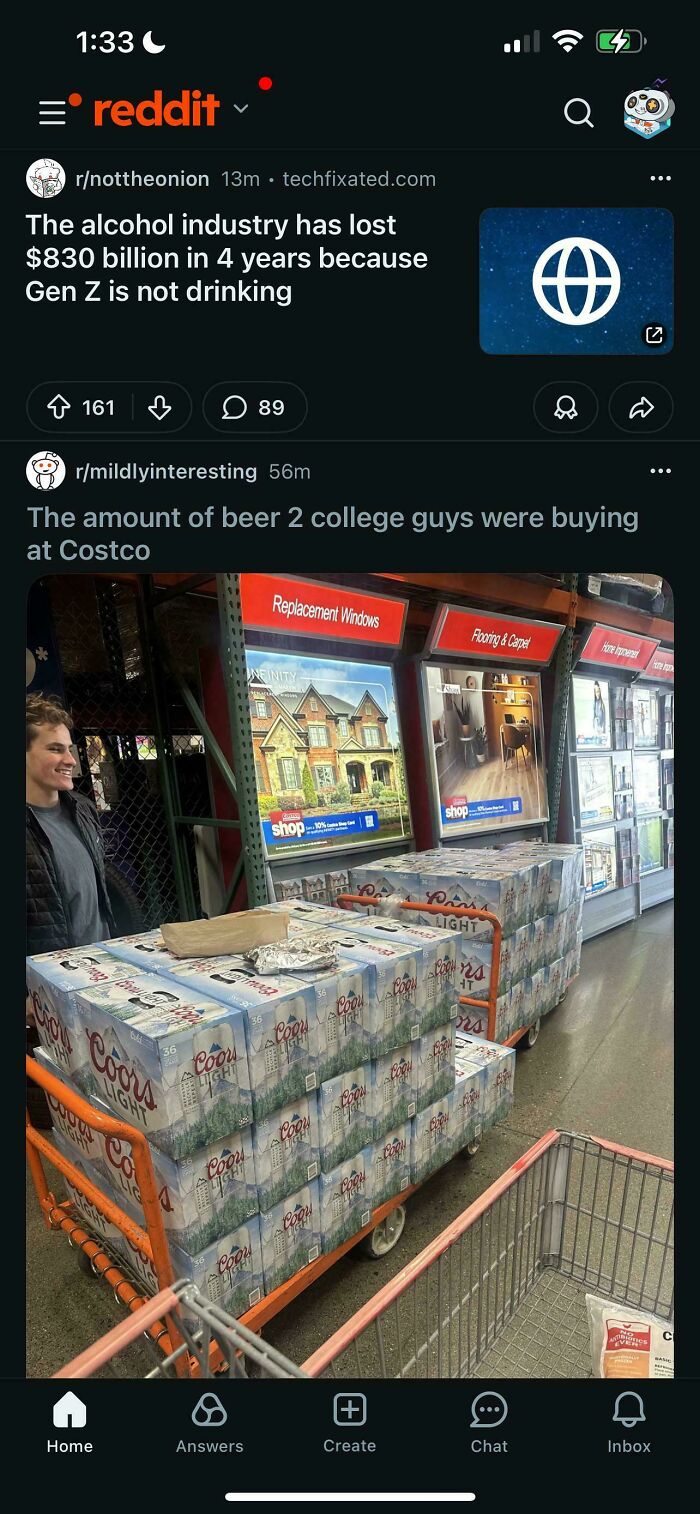 Reddit post about alcohol industry losing 830 billion dollars as Gen Z stops drinking