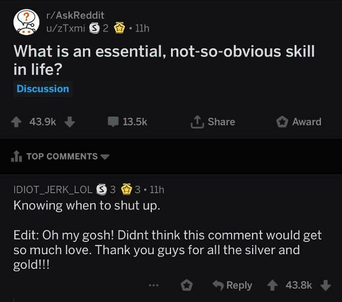 Reddit discussion about essential skill with ironic comment about knowing when to shut up