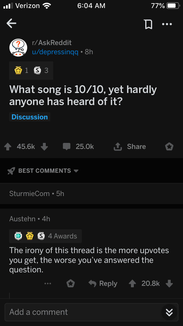 Reddit post about unheard 10/10 songs with ironic comment on upvotes