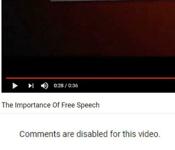 Irony example showing comments disabled on video titled Importance of Free Speech