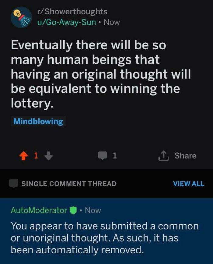 Reddit post about originality ironically removed as unoriginal