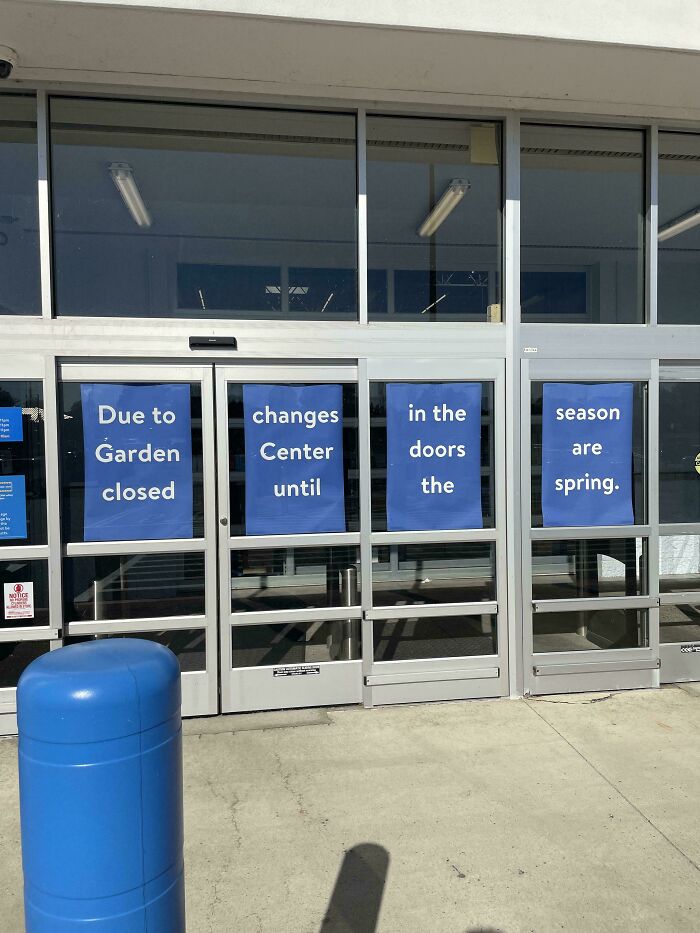 Confusing sign on garden center doors about spring season changes