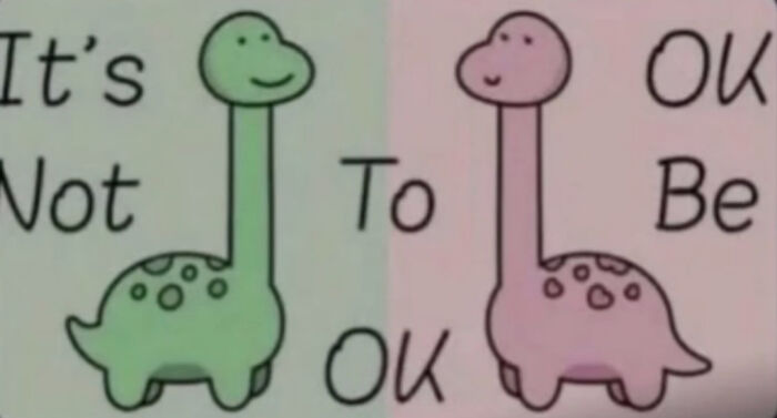 Cute dinosaur cartoon saying its not ok to be ok on pastel background
