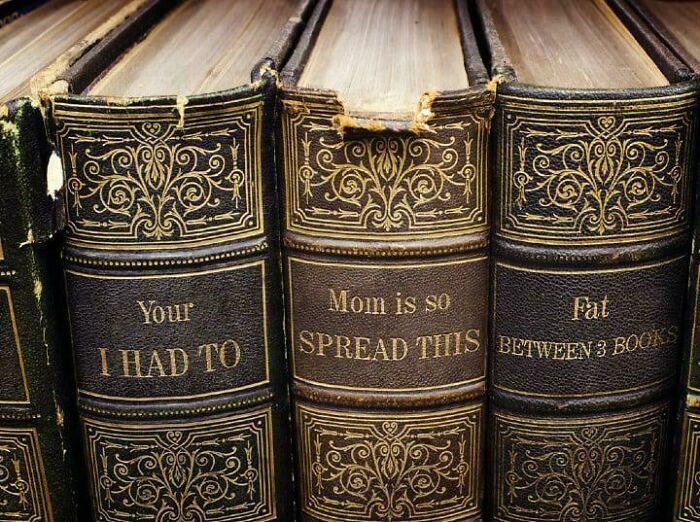 Book spines with funny mom joke text