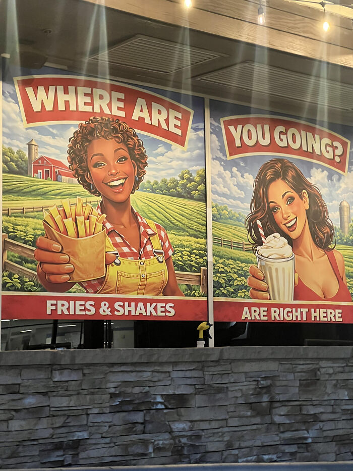 Funny fries and shakes sign asking where you are going with farm background