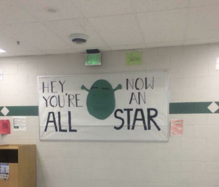 Funny school hallway poster referencing Shrek and All Star song