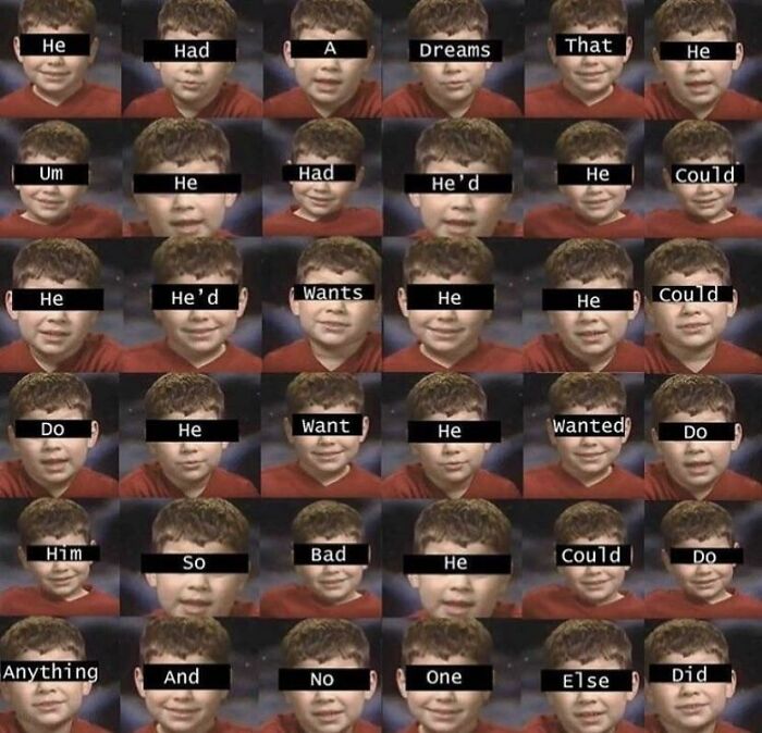Collage of school photos with a humorous repetitive phrase