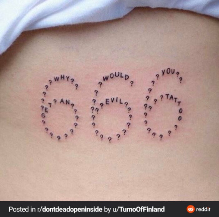 Tattoo of 666 made up of question marks and phrases about evil tattoo