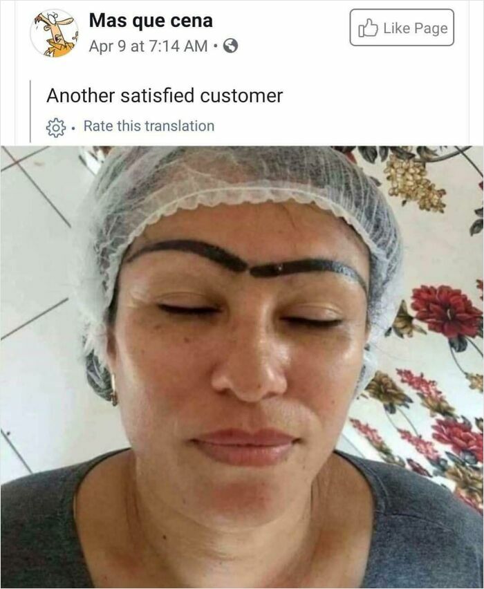 A woman at a beauty salon with a unibrow and ill-defined eyebrows, looking significantly worse.