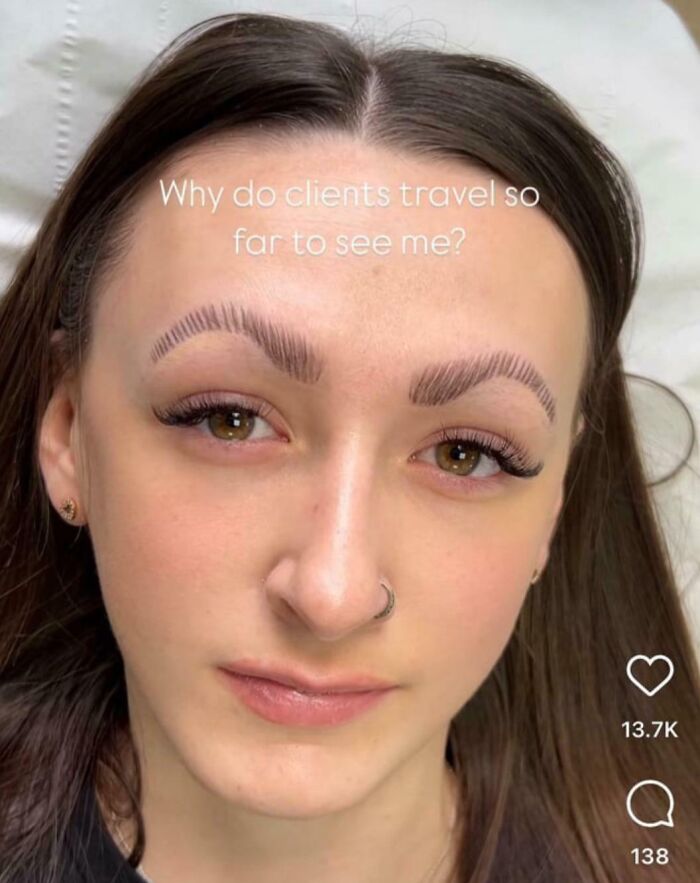 A woman with poorly done microblading at a beauty salon. Her eyebrows look significantly worse after the procedure.