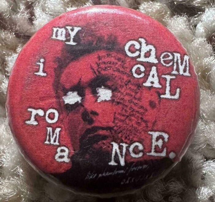 My Chemical Romance button badge with red background and stylized text