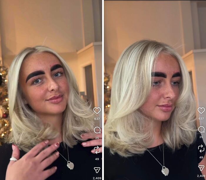 A woman with light blonde hair and very dark, thick eyebrows after a beauty salon visit, looking significantly worse.