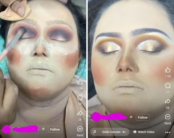 Beauty salon client showing an extreme makeup look, looking significantly worse than expected.