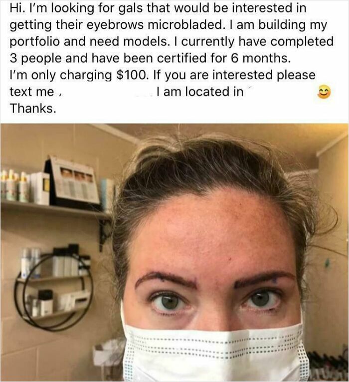 Beauty salon client showing before and after microbladed eyebrows, looking significantly worse.