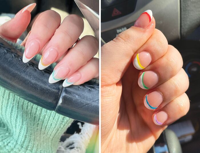 Beauty salon client showing two images of colorful French tip nails, one better than the other.