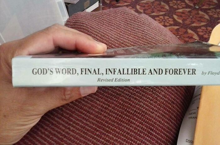 Book spine titled God's word final infallible and forever showing irony