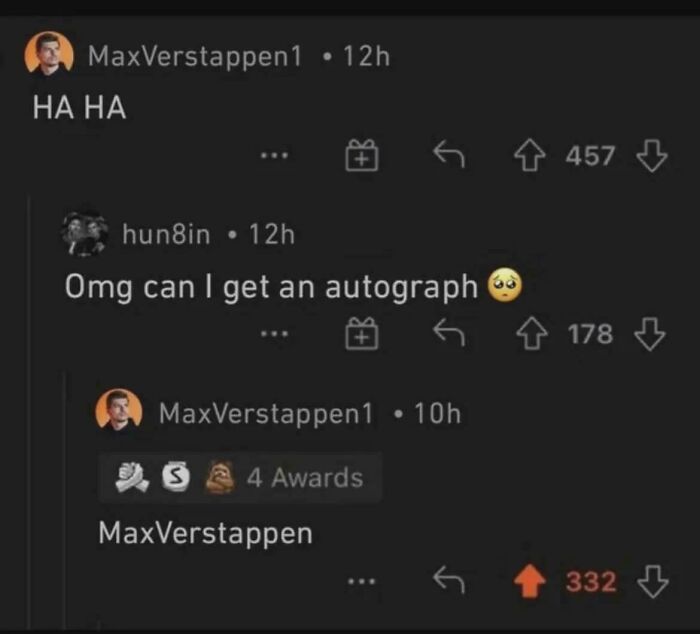 Funny out of context word humor exchange with MaxVerstappen1 autograph request
