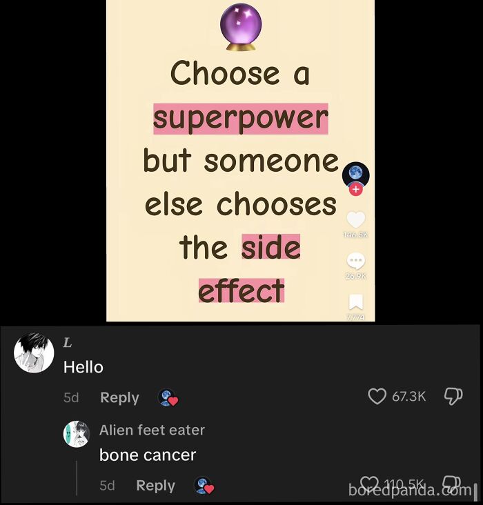 Choose a superpower but someone else chooses the side effect with funny comments below