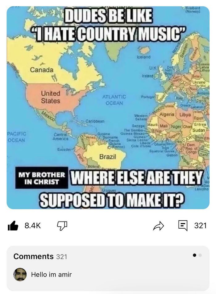 Map meme joking about country music's origin and popularity