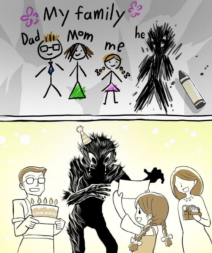 Creative family drawing with humor on family dynamics illustration