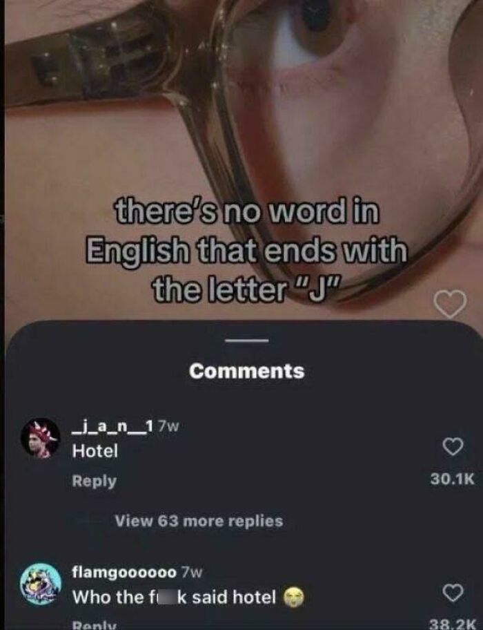 Humorous comment thread about English words ending with letter J