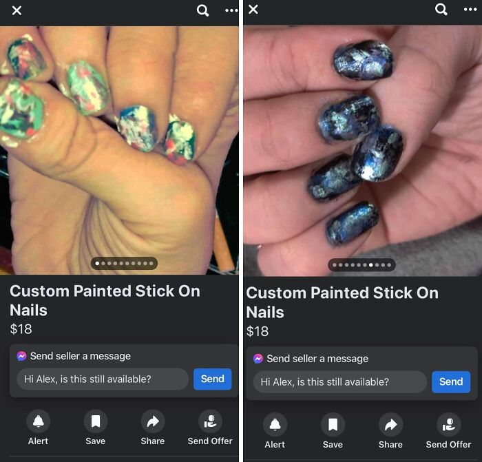 Beauty salon client showing poorly done stick-on nails, looking significantly worse than expected.