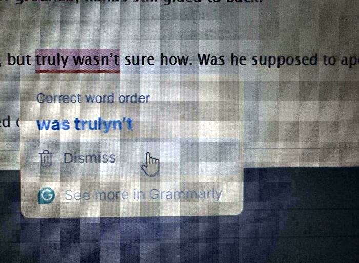 Screenshot of Grammarly suggesting incorrect word order correction for humor