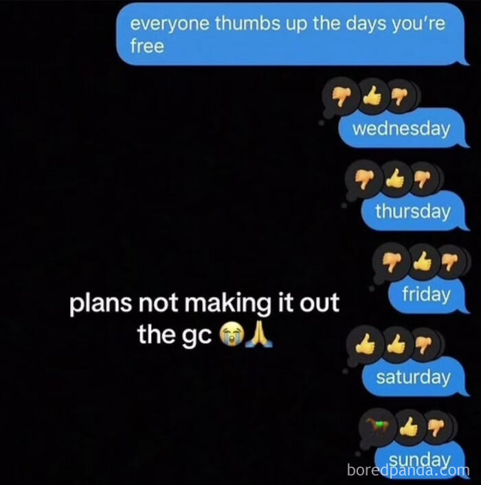 Screenshot of text messages with thumbs up and down emojis about free days
