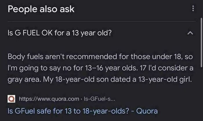 Search result snippet questioning if G Fuel is safe for 13 year olds