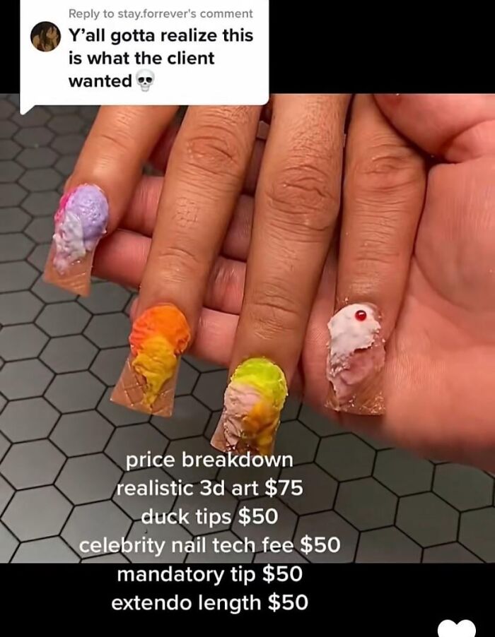 Beauty salon client showing ice cream themed 3D nail art, looking significantly worse than expected.