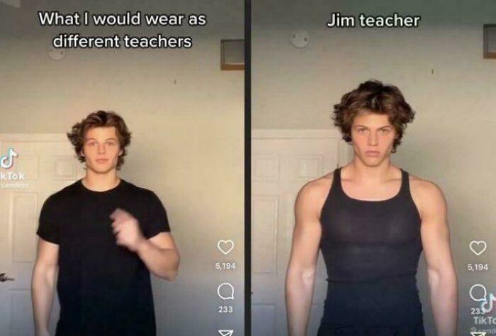 Humor about different teachers showing casual and tank top outfit look