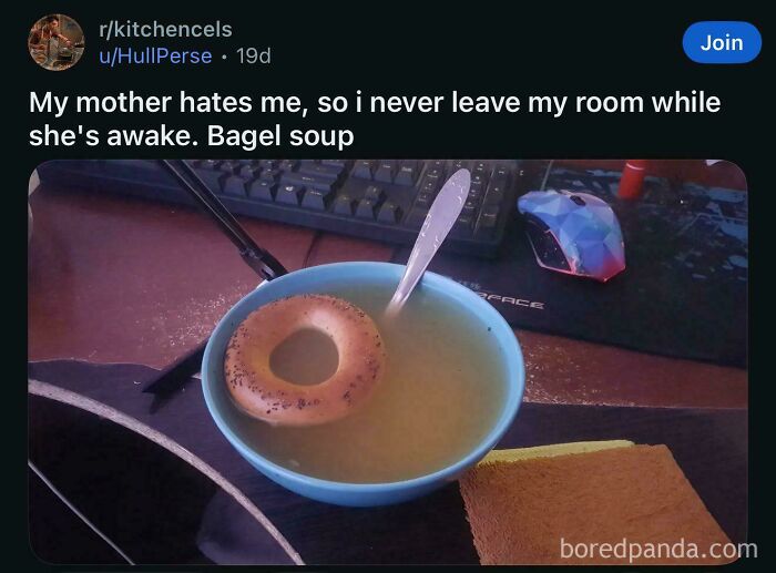 Bagel floating in bowl of soup with humor caption about bagel soup