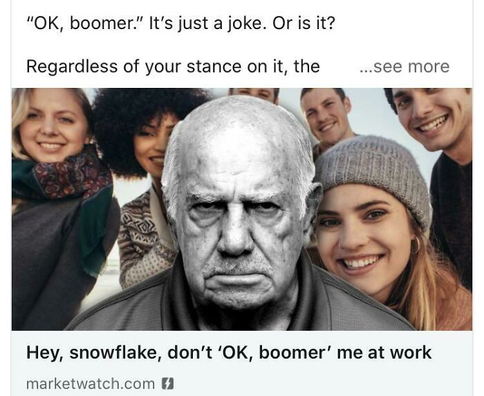 Grumpy elderly man among smiling youth with ironic OK boomer caption