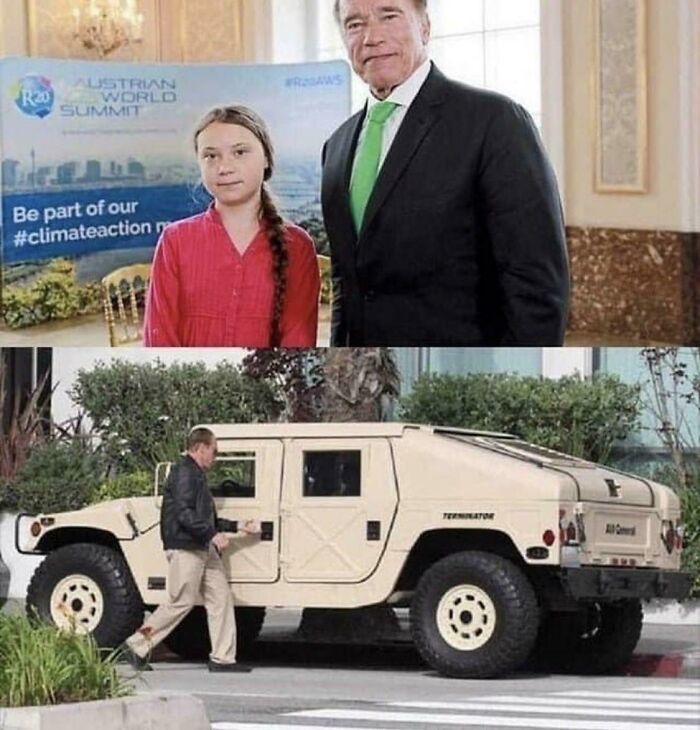 Man in suit and young activist with large military-style vehicle at climate action summit