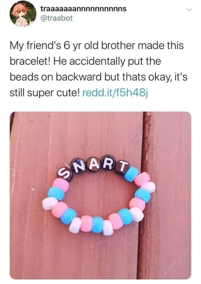 Cute bracelet with beads spelling SNART made by a 6-year-old