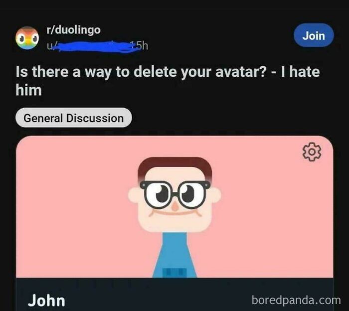 Reddit post asking to delete a Duolingo avatar with cartoon avatar shown
