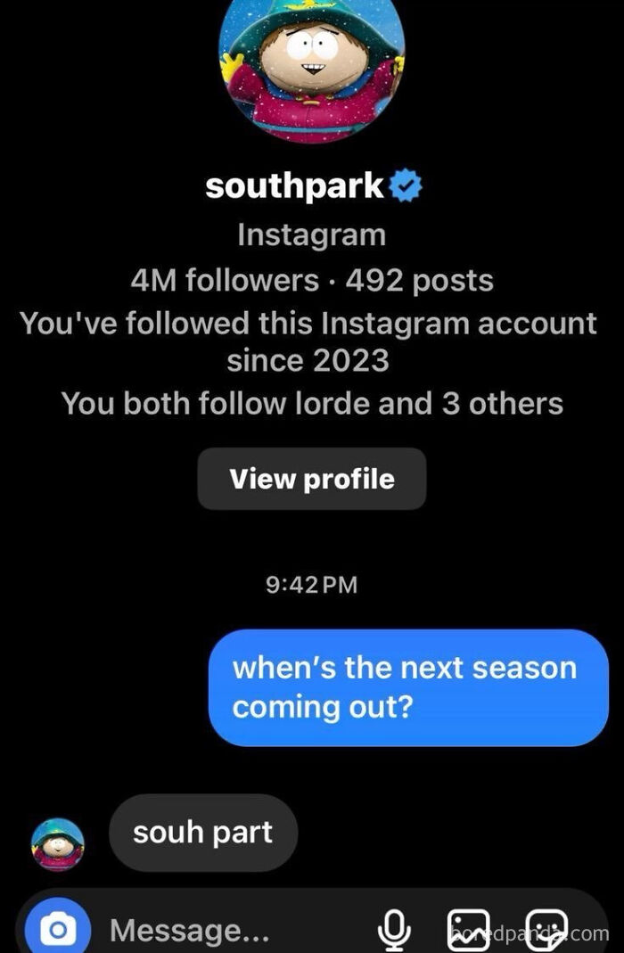 Humorous Instagram message exchange about Southpark next season