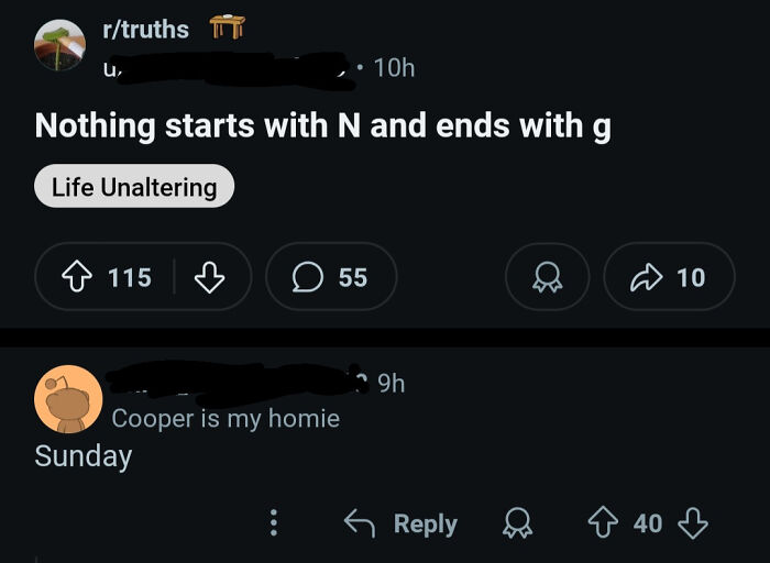 Funny Reddit post about word starting with N and ending with g humor