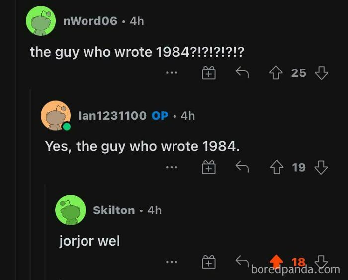 Reddit thread joking about the author of the book 1984 with confusing comments.