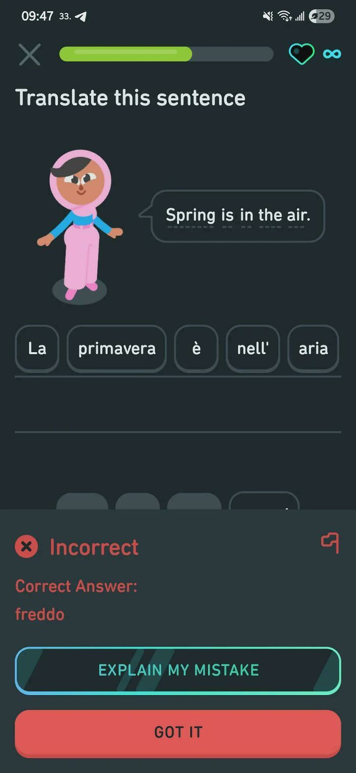 Language app showing incorrect translation with feedback on spring phrase in Italian.