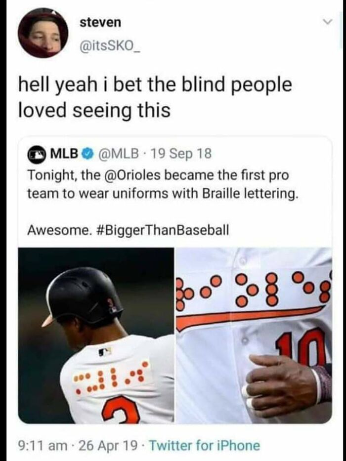 Tweet mocking MLB Orioles Braille uniforms meant for blind people irony
