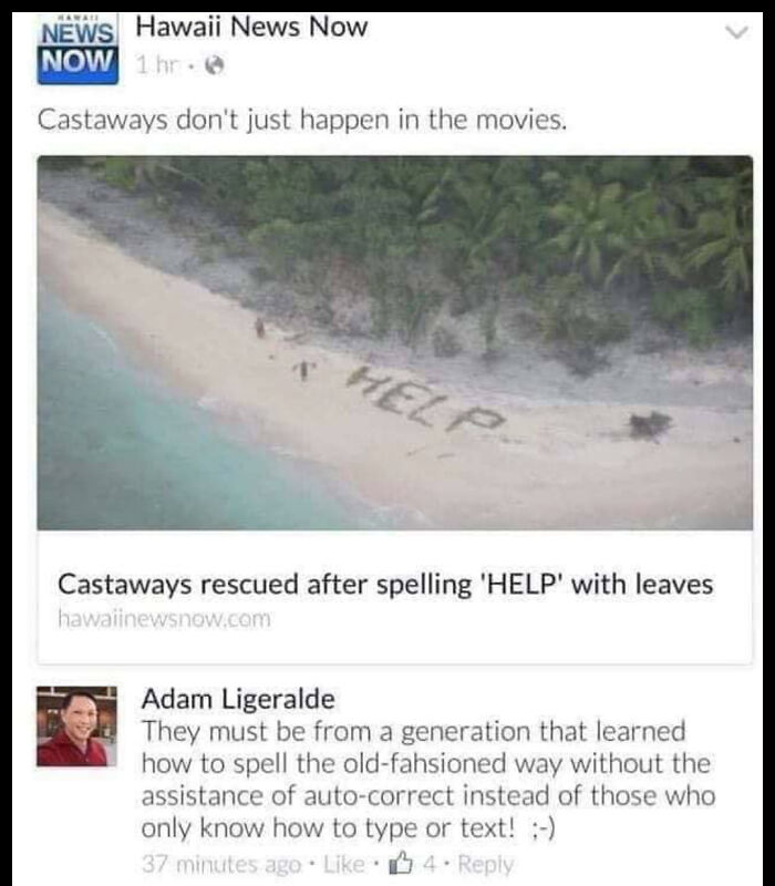 News post showing castaways spelled HELP with leaves on beach rescue irony