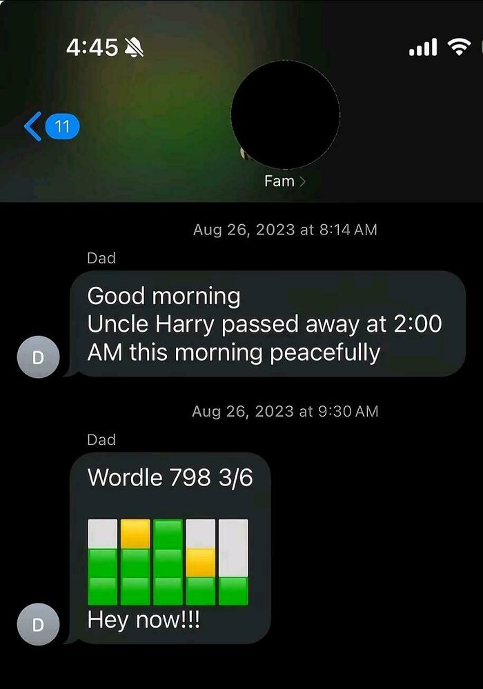 Text message humor about Wordle game with unprompted phrase