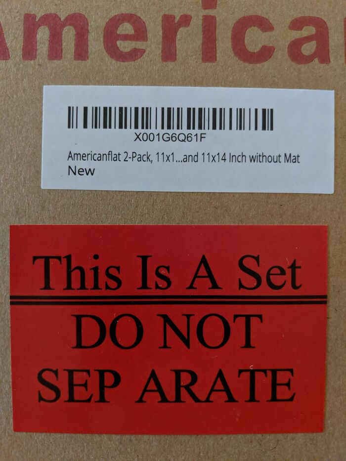 Box labeled as set with spelling error saying do not separate