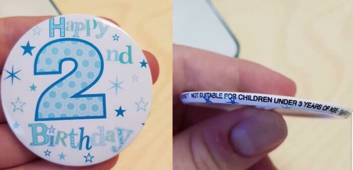 Birthday badge marked for children under three displays ironic age warning