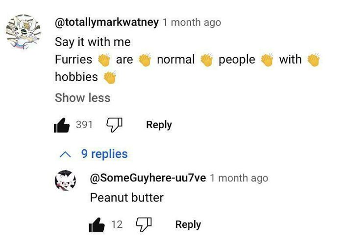 Comment thread humor with furries and peanut butter reply